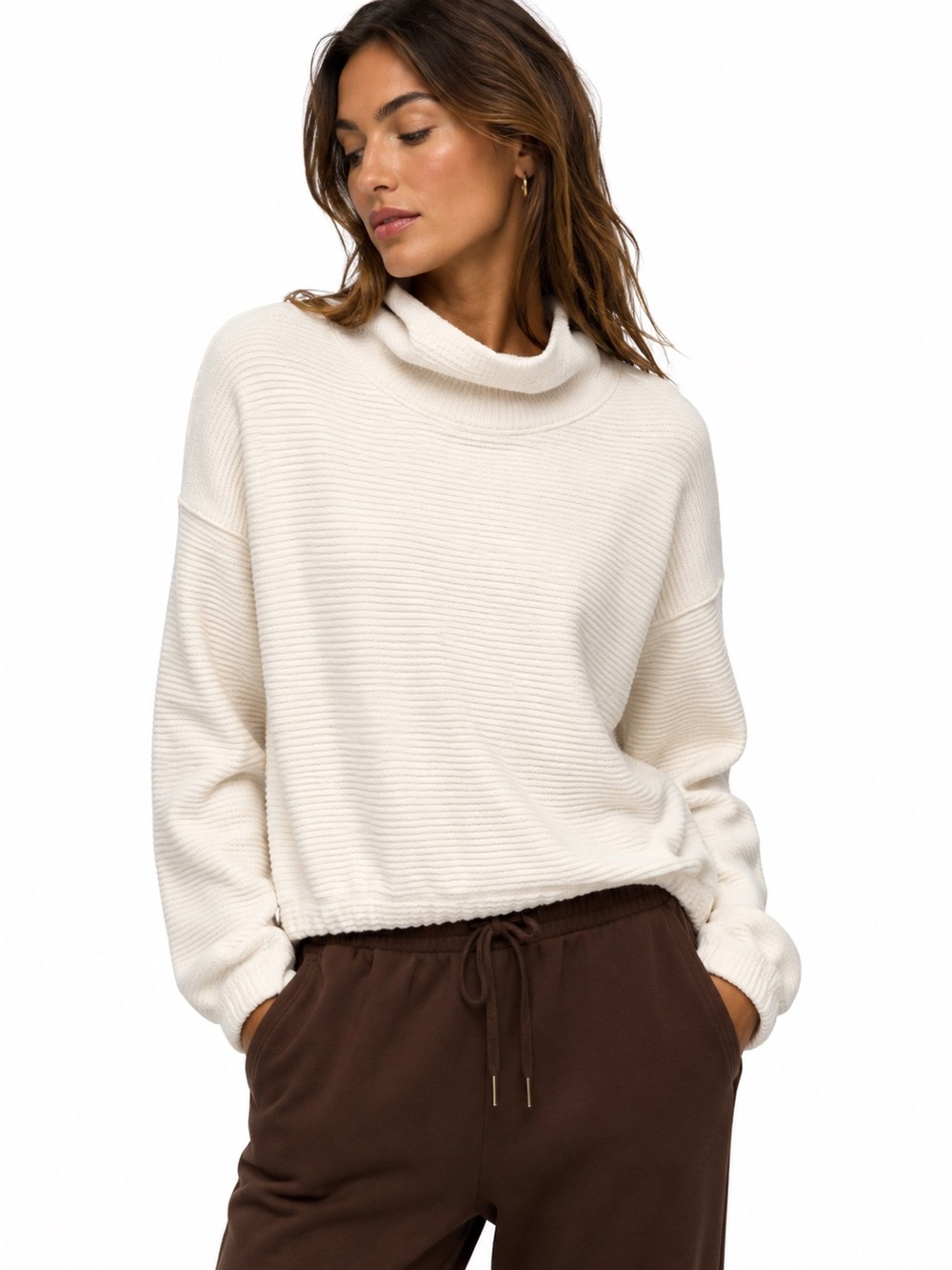 prAna Olivia Long Sleeve Cowl Neck Sweater Canvas Cream Ribbed Crop Size M